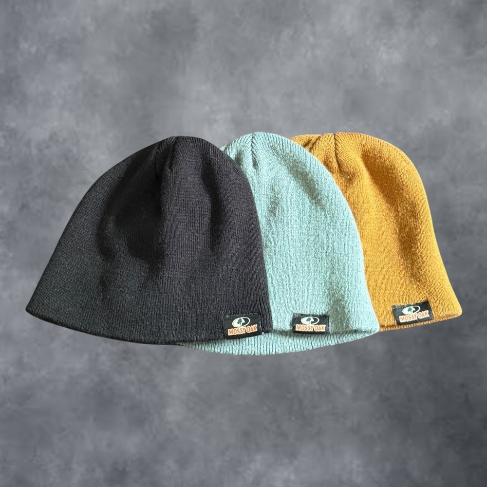 Mossy Oak Beanie Hat Lot of 3 Knit Watch Cap Black Green yellow Mens Womens
